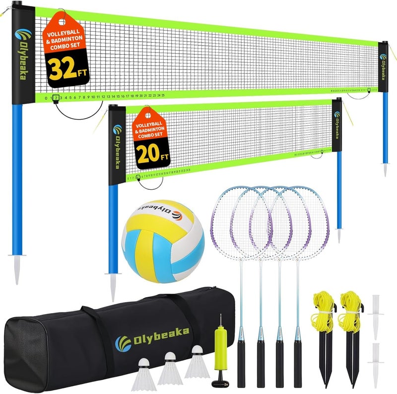 Olybeaka Outdoor Volleyball & Badminton Combo Net Set for Backyard, Beach with 2 Nets, Adjustable Poles, 4 Aluminum Rackets, PU Volleyball, Portable Carry Bag - Image 1